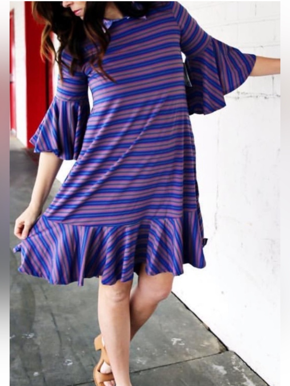 LuLaRoe Striped Ruffle Midi Dress in Blue and Purple